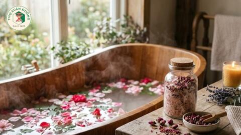 Muối tắm hoa hồng và bồn tắm cánh hồng tự làm